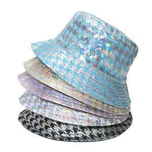 Houndstooth Laser Holographic Bucket Hat For Women Polyester Sunshade Shiny Metallic Street Party Travel Sun Hat