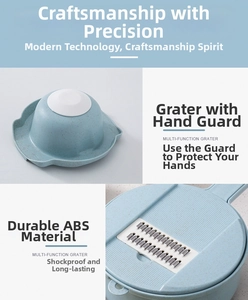 Detail of blue wheat straw grater with stainless steel blade and safety hand guard