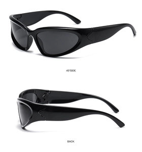 Detailed views of black wrap-around cycling sunglasses showing the side and back angles