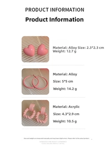 Detailed view of pink acrylic twist and heart stud earrings with size specifications