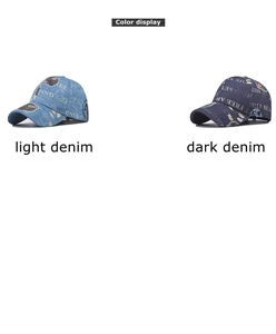 Detail view of light and dark denim baseball caps with vintage American style prints