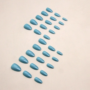 Minimalist Morandi blue glossy almond press on nails with 24 pieces display