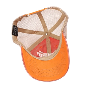 Orange and beige Trump trucker hat with breathable mesh and 100% cotton inner sweatband