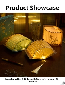 Detailed close-up of fan-shaped book lamp with traditional calligraphy and LED warm light