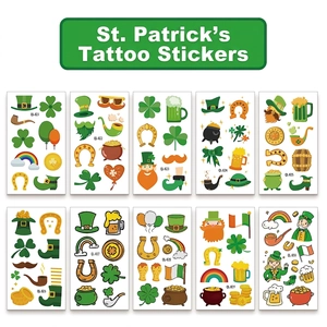 Detailed view of 10-sheet St. Patrick's Day temporary tattoos with clovers and hats
