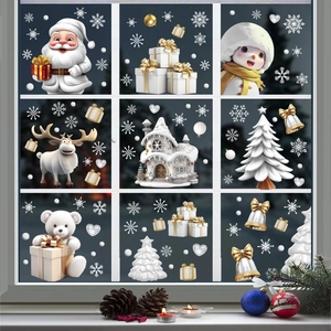 3D Christmas window stickers with Santa, snowman, and reindeer in gold and white