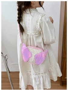 Pink girl shoulder bag with shiny sequins and holographic angel wings design