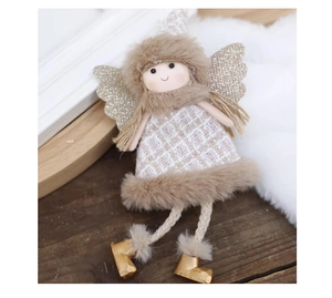 Close-up of plush angel ornament with fur hat, silver wings and gold boots for Christmas