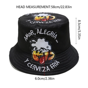 Detail showing the cartoon beer print and Spanish text on a black cotton bucket hat