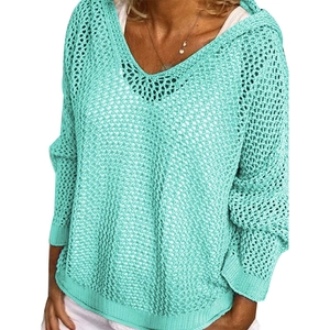 Minzgrüner V-Ausschnitt Strickpullover mit leichtem Netzmuster und lockerer Passform