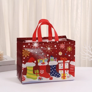 Christmas non-woven gift bag with festive stockings and gift boxes pattern for holiday packing