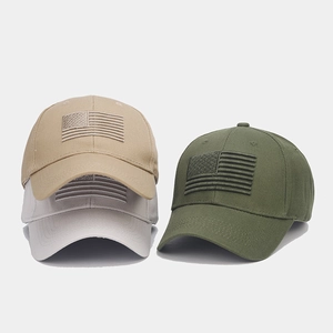 Detailed embroidery of US flag on cotton baseball caps in khaki, grey and olive green