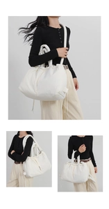 Three-way view of white padded down cotton tote bag with adjustable drawstring closure