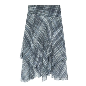 Asymmetrical plaid midi skirt in greyish blue with a layered hem on white background
