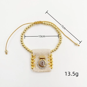 Religious hand-woven bracelet showing 13.5g weight and 13cm diameter dimensions
