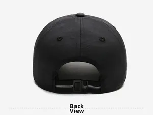 Detail view of the black quick-dry sun hat with adjustable plastic buckle and back strap