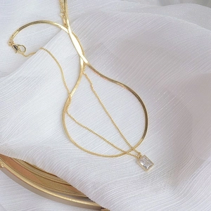 French vintage double-layered gold snake chain necklace with square crystal pendant