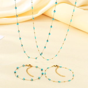 Conjunto de collar y pulsera minimalistas de acero inoxidable con cuentas turquesas