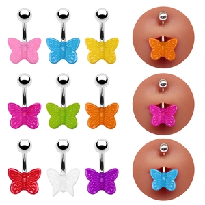 Colorful Acrylic Butterfly Belly Ring Silver Metal Bar Cute Navel Piercing Jewelry For Women Girls