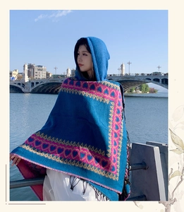 Blue ethnic style hooded shawl cape featuring pink heart patterns for outdoor travel photography