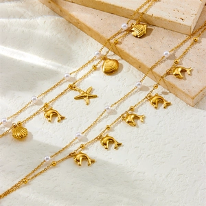 Double Layer Stainless Steel Anklet With Imitation Artificial Pearl And Ocean Charms Starfish Shell Dolphin Beach Summer Jewelry Women