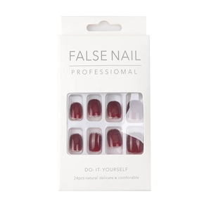 Short wine red press-on nails set with silver glitter gradient in white window box