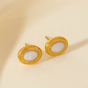 Vintage 304 stainless steel gold round earrings with pearl-like inlay and textured edge