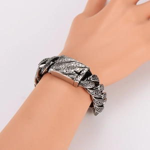 Bracelet pour hommes en acier inoxydable avec gravure en relief floral vintage