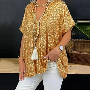 Top da donna con paillettes dorate scollo a V e maniche corte vestibilità ampia
