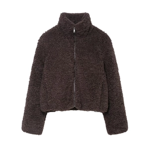 Women Stand Collar Teddy Fleece Jacket Full Zipper Warm Loose Solid Color Casual Streetwear Outerwear Coat