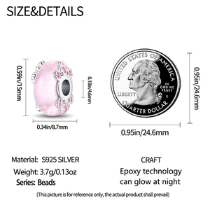 Detailed size comparison of pink S925 silver luminous bead with dimensions and weight