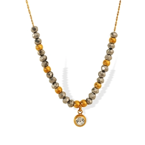 French style titanium steel gold-plated snake chain necklace with grey beads and crystal charm