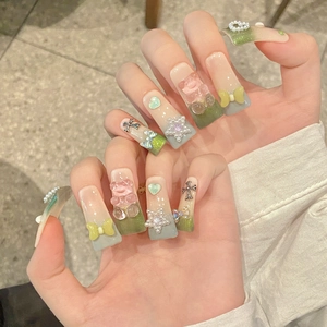 3D bear and bow press-on nails set with Morandi green and grey long coffin nail tips