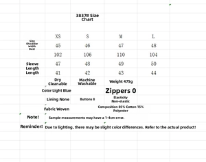 Size chart showing measurements for the round neck frayed hem denim jacket in light blue