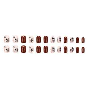Short square press-on nails in deep burgundy and floral beige patterns, 24 piece set