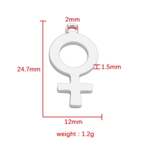 Detailed dimensions of silver stainless steel Venus symbol charm for jewelry making