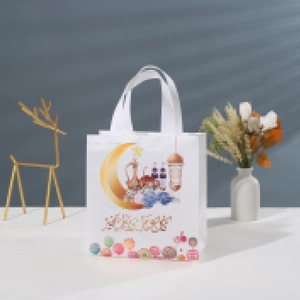 Detail of Ramadan gift bag with gold crescent moon and traditional lantern prints