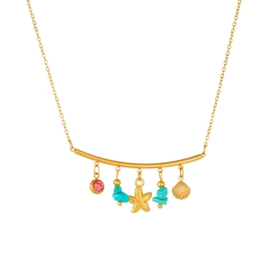 Bohemian gold necklace with turquoise, pink gemstone, starfish and seashell charms