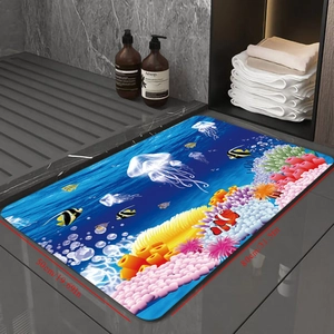 Detail view of 50x80cm absorbent diatomite bath mat with vibrant ocean reef and fish patterns