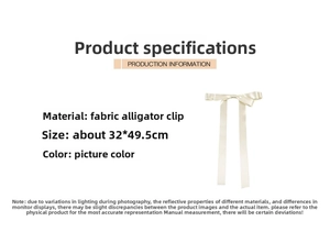 Detailed size specifications for a long ivory satin bow hair clip with streamers