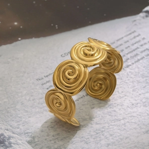 18K gold plated stainless steel open bangle with elegant spiral rose texture pattern