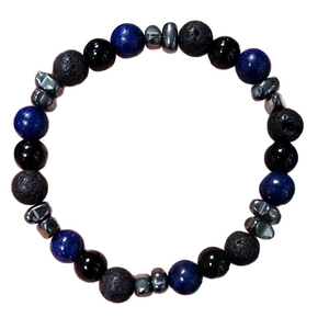 8mm Beaded bracelet featuring blue turquoise, black lava stone, and silver metallic beads