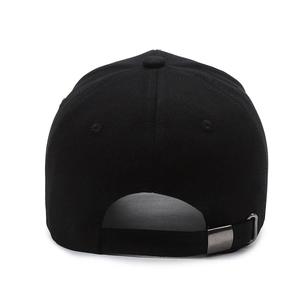 Rear view of black cotton baseball cap showing adjustable strap and silver metal buckle