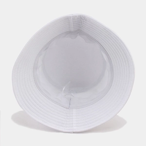Top-down view of the inner lining and fine stitching of a white canvas bucket hat