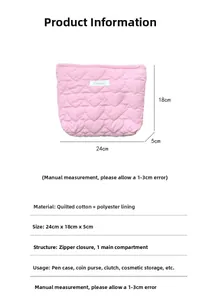 Pink quilted heart cosmetic bag dimensions and cotton material structure detail