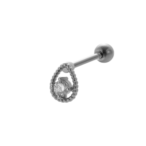 Detail of silver stainless steel screw stud earring with woven texture and clear zircon