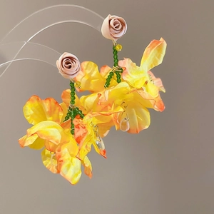 Handmade gradient yellow and orange chiffon flower earrings with pink rosebuds and tassels