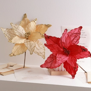 Artificial 25cm Christmas flowers in champagne gold and red with glitter and stems