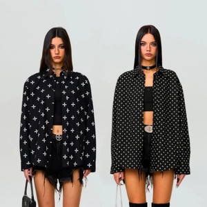 Women Long Sleeve Cotton Shirt Oversized Streetwear Cross Print Button Down Blouse Casual Gothic Tops Black