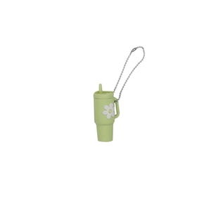 Cartoon flower milk tea cup keychain with white daisy charm and green PVC soft rubber body